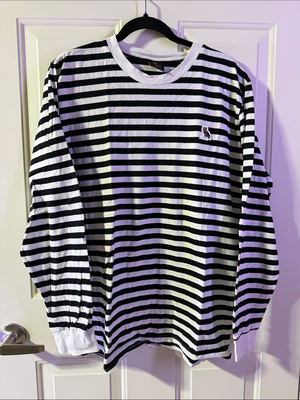 OVO Black & White Striped Long-Sleeve Crewneck Shirt- large